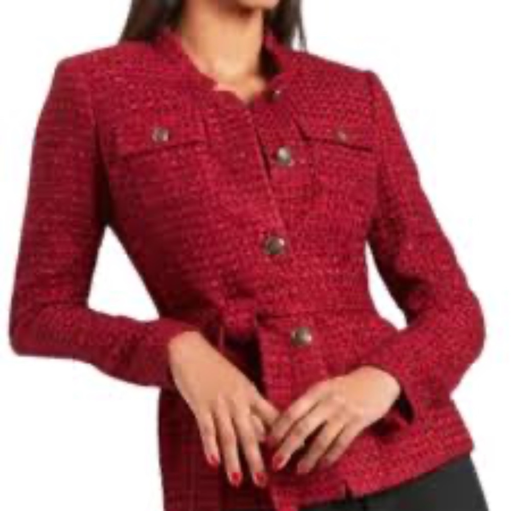 WHBM White House Black Market Tweed Blazer Red Belted Jacket Size 00 NWOT